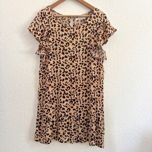 Basement Cheetah Print Ruffle Short Sleeve Dress Tan Women Size XL
